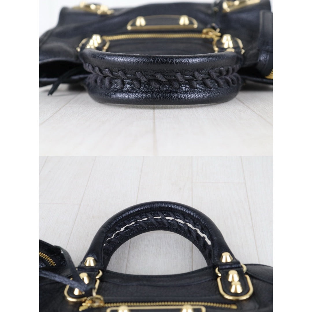 Include Entrupy Certificate of Authenticity｜Very Good ( Rank A)｜Balenciaga Chevre Leather Gaint Classic Metallic Edge City Mini Black HandBag Shoulder Bag ｜Z26091514