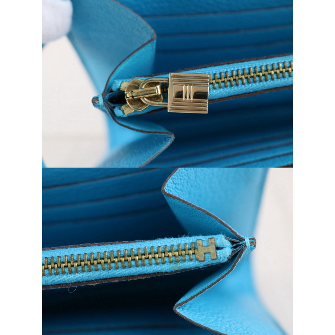 Include Entrupy Certificate of Authenticity｜Very Good ( Rank A)｜ HERMES Goatskin Kelly Long Wallet Blue Paon □R Stamp Made In 2014Year｜X26042002