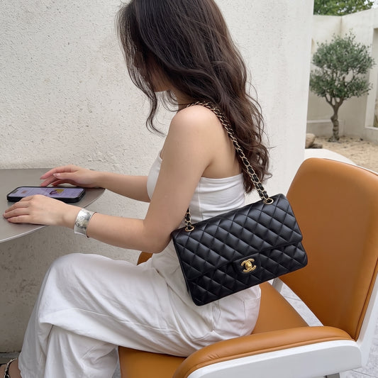 Include Entrupy Certificate of Authenticity｜Very Good ( Rank A)｜ CHANEL Lamb Skin Matrasse Chain Double Flap 25 Shoulder Bag  Black Made In 2019 Year｜S26080101