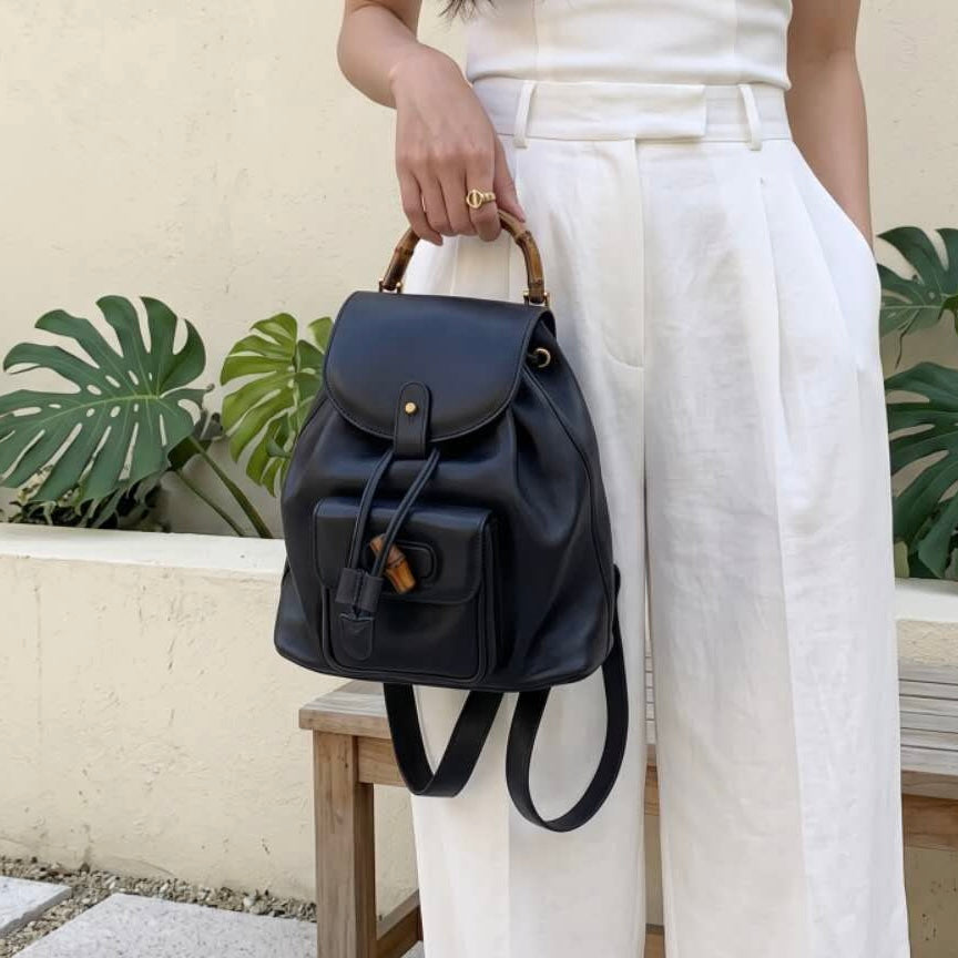 Include Entrupy Certificate of Authenticity｜Good ( Rank AB)｜  GUCCI Bamboo Calf Leather Black Backpack｜26092204