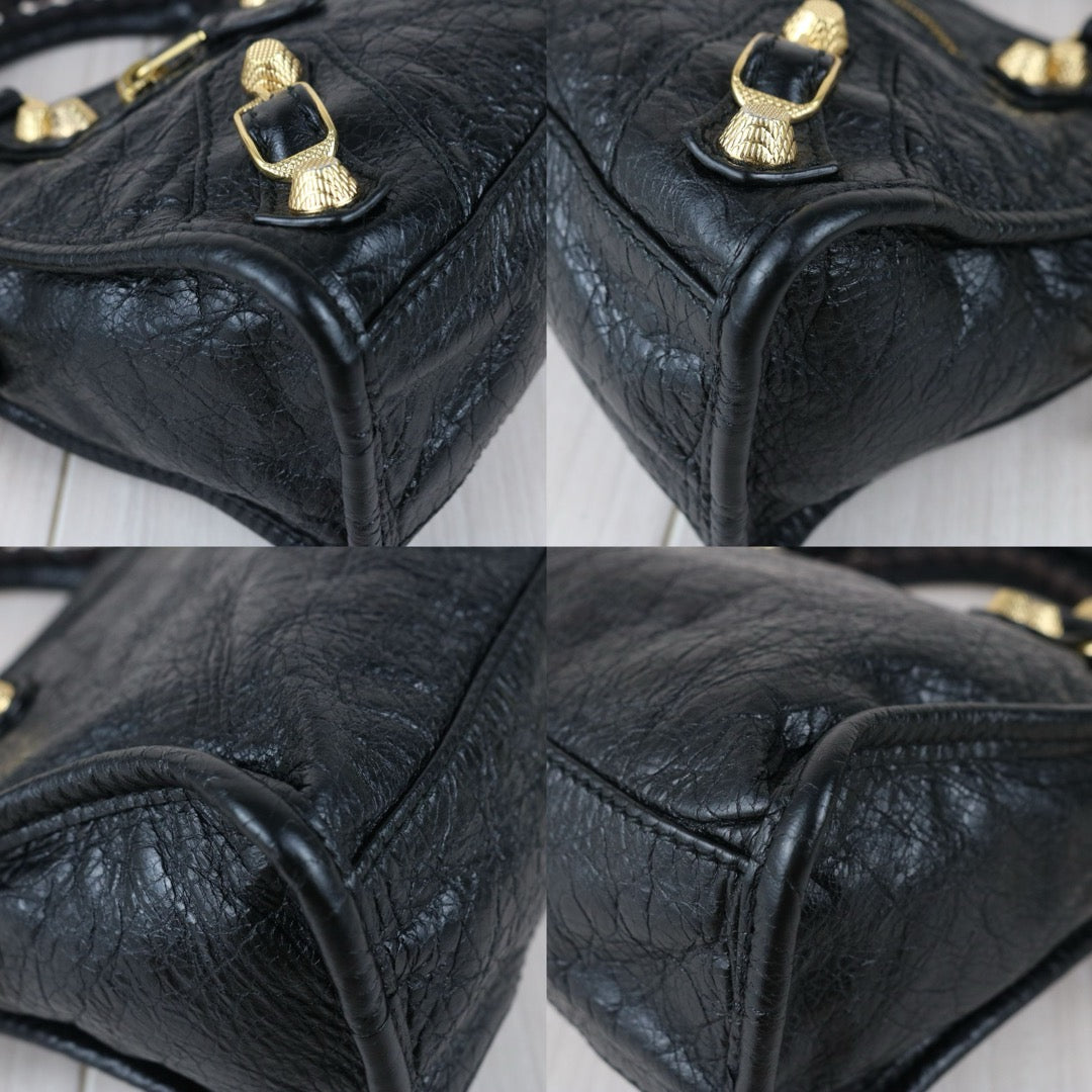 Include Entrupy Certificate of Authenticity｜Good ( Rank AB)｜Balenciaga Oiled Leather Gaint Classic Mini City Handbag Shoulder Bag Black｜S26052502