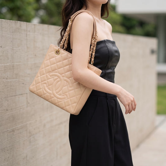 Include Entrupy Certificate of Authenticity｜Good ( Rank AB)｜ CHANEL Matrasse PST Chain Tote Bag Caviar Skin Beige  Made In 2011 Year｜S26090710