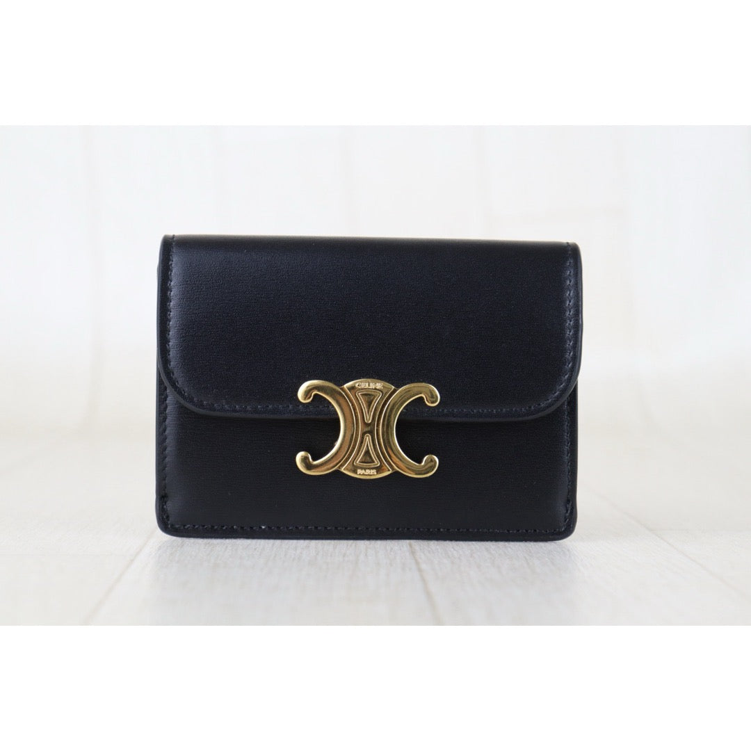 Include Entrupy Certificate of Authenticity｜Very Good ( Rank A)｜CELINE Calf Leather Box Black  Card Holder Golden Hardware｜S26030832