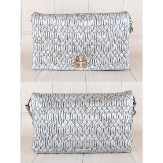 Include Entrupy Certificate of Authenticity｜Very Good ( Rank A)｜MiuMiu Lamb Skin Crystal Chain Shoulder Bag Silver GM ｜Y26012007