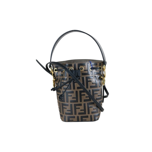 Include Entrupy Certificate of Authenticity｜Good ( Rank AB)｜ FENDI Zucca Mini Mon Tresor Calf Leather Bucket bag Shoulder Bag Brown ｜W26030406