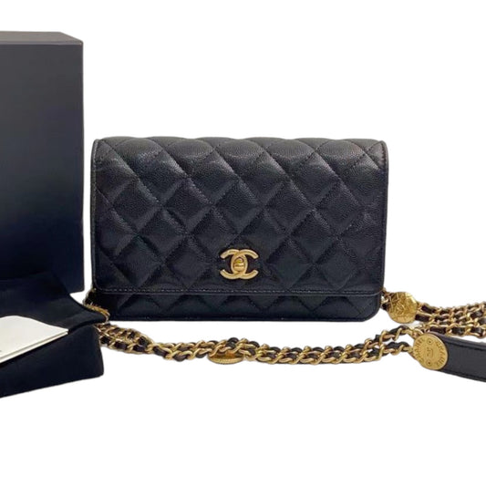 Rank A｜ CHANEL Matelasse Caviar Skin COCO Mark Coins Chain Wallet Black Gold Hardware ｜2302239