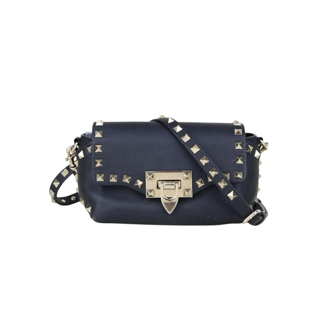 Good ( Rank AB)｜VALENTINO Rockstud Calf Leather Shoulder Bag Black ｜H25063012