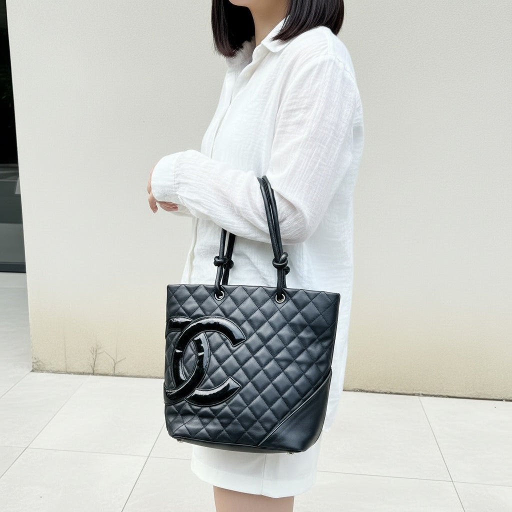 Include Entrupy Certificate of Authenticity｜Good ( Rank AB)｜ CHANEL Cambon Line Calf Leather  So Black ToteBag  Made In 2009-2010Year｜Y26051523