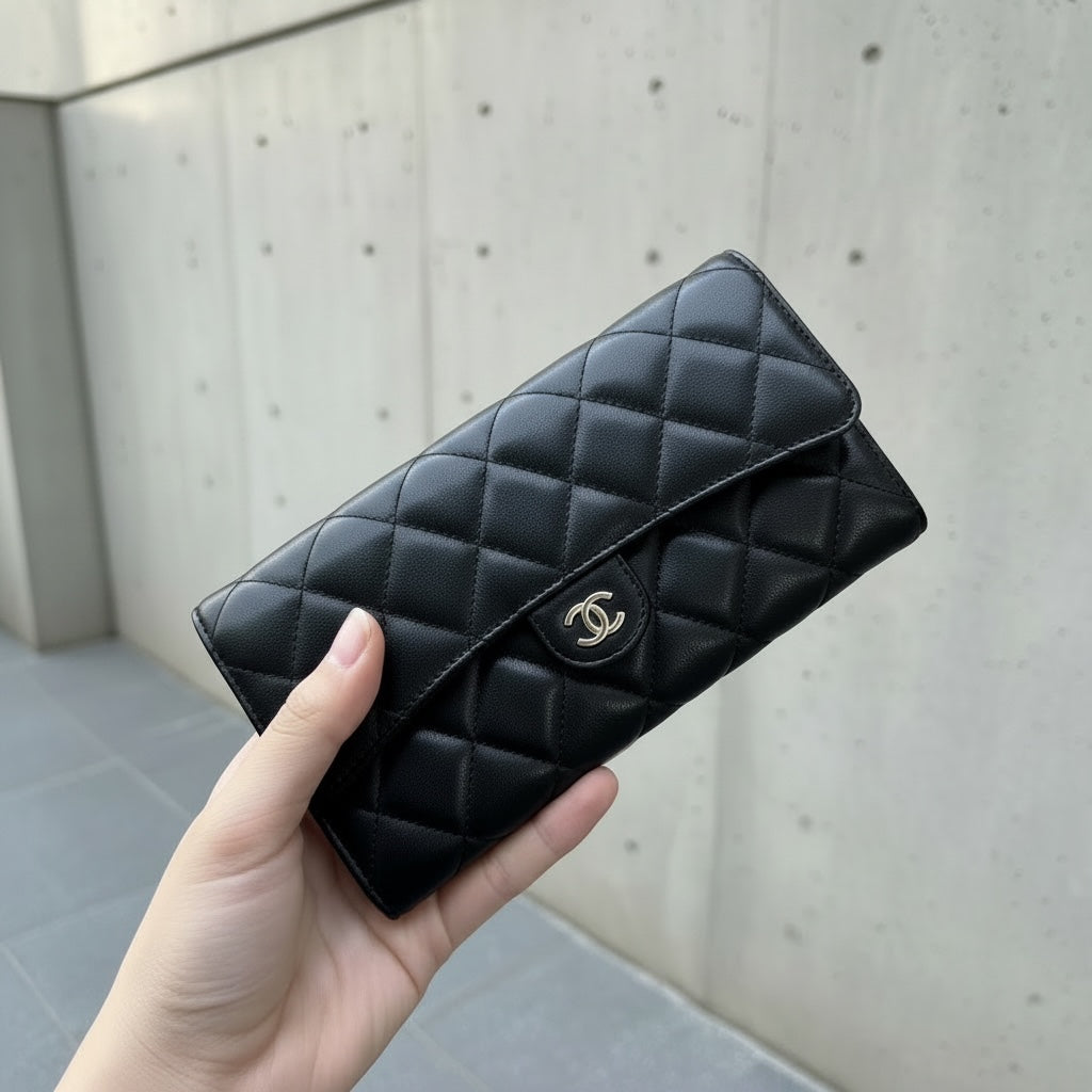 Include Entrupy Certificate of Authenticity｜Excellent（Rank SA）｜Full Set CHANEL Lamb Skin Black Long Wallet Made In 2016-2017Year｜S26060403