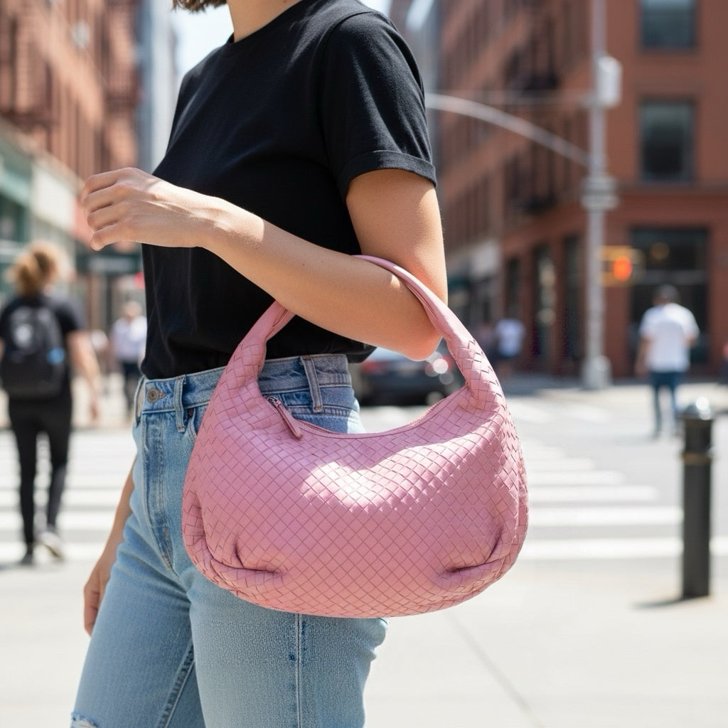 Include Entrupy Certificate of Authenticity｜Very Good ( Rank A)｜ Bottega Veneta Lamb Skin Braid Shoulder Bag Rose Pink｜S26022612