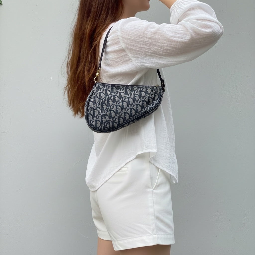 Include Entrupy Certificate of Authenticity｜Good ( Rank AB) ｜ Dior Trotter Saddle Pochette Blue Shoulder Bag Small｜S26060613