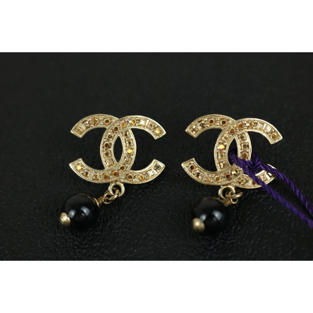 Very Good ( Rank A)｜ CHANEL  Coco Mark  Gold Rhinestone Black Pearl Earrings ｜F25021106