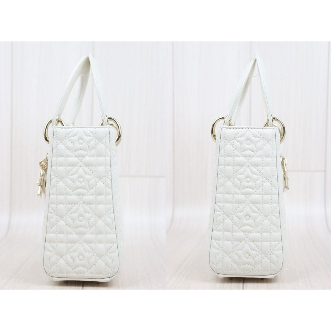 Excellent（Rank SA）｜  Dior Lady Dior Lamb Skin 2WAY  Handbag Shoulder Bag White  ｜H25063018