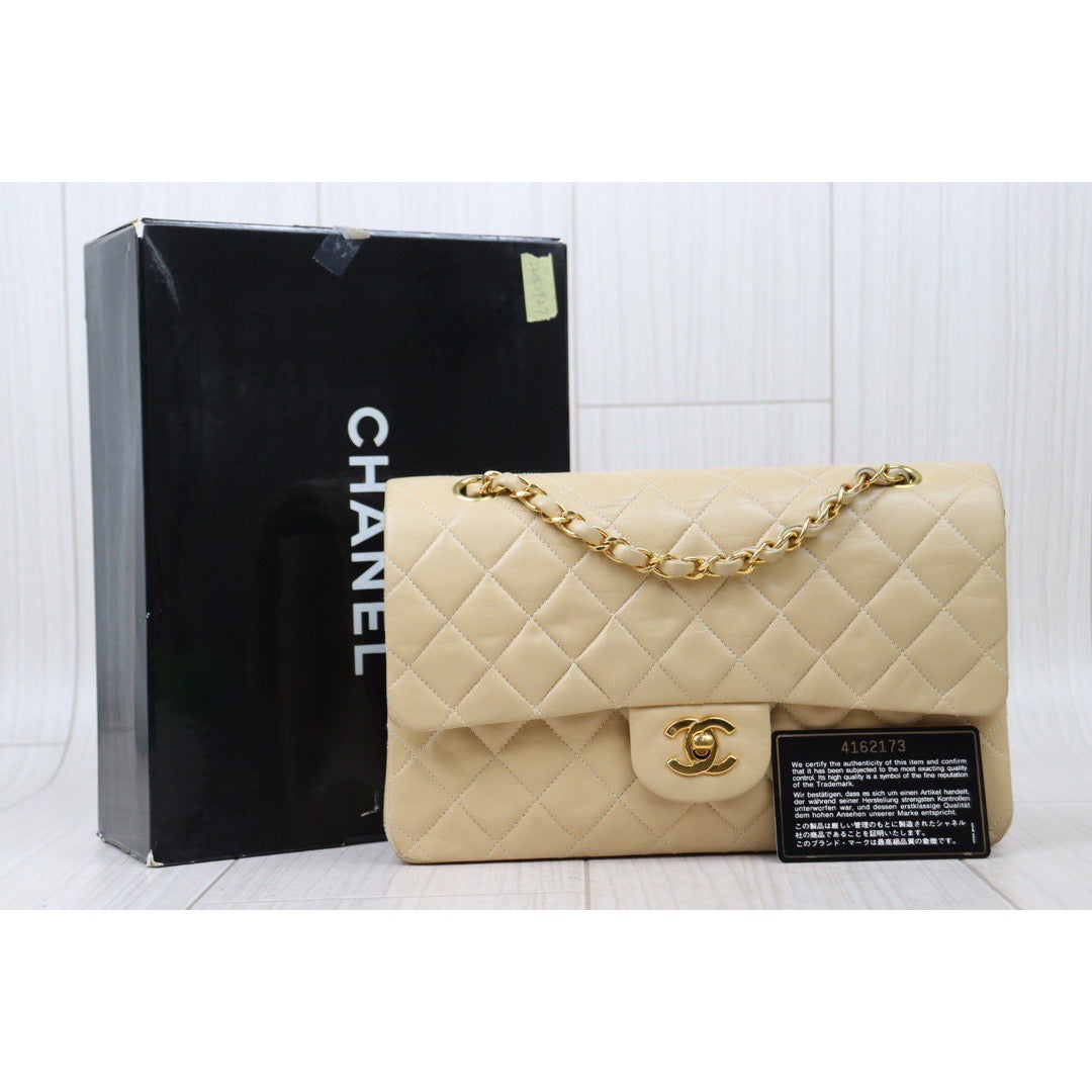 Rank AB｜ CHANEL  Lamb Skin Beige Double Flap 25 Shoulder Bag  ｜24050927