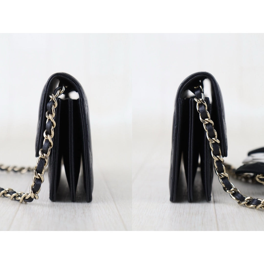 Include Entrupy Certificate of Authenticity｜Very Good ( Rank A)｜ CHANEL Coco Mark Lambskin Matrasse Bow Chain Mini WOC Black Made In 2021-2022Year｜S26052509