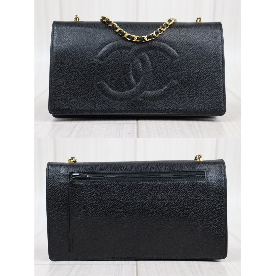 Rank A ｜ CHANEL Caviar Skin Chain Wallet Black Gold Hardware  Made In 1996-1997Year｜24022713