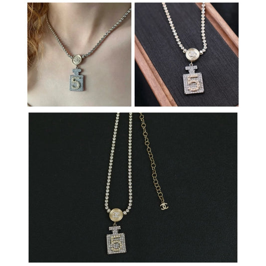 Very Good ( Rank A)｜ CHANEL Crystal Charm 5 Perfume Bottle Gold Chain Chocker Necklace｜F25012311