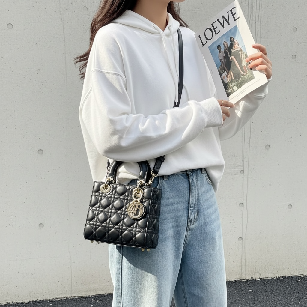 Include Entrupy Certificate of Authenticity｜Very Good ( Rank A) ｜  Dior Lady Dior Lamb Skin 2WAY Handbag Shoulder Bag Black ｜S26030826