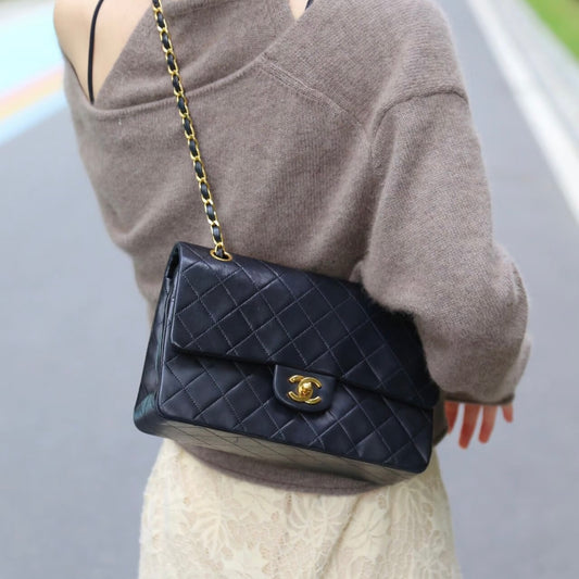 Include Entrupy Certificate of Authenticity｜Good ( Rank AB)｜ CHANEL Lamb Skin Matrasse Chain Double Flap 25 Shoulder Bag  Black Made In 1989-1991 Year｜S26083009