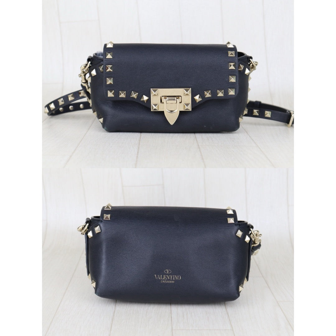 Good ( Rank AB)｜VALENTINO Rockstud Calf Leather Shoulder Bag Black ｜H25063012