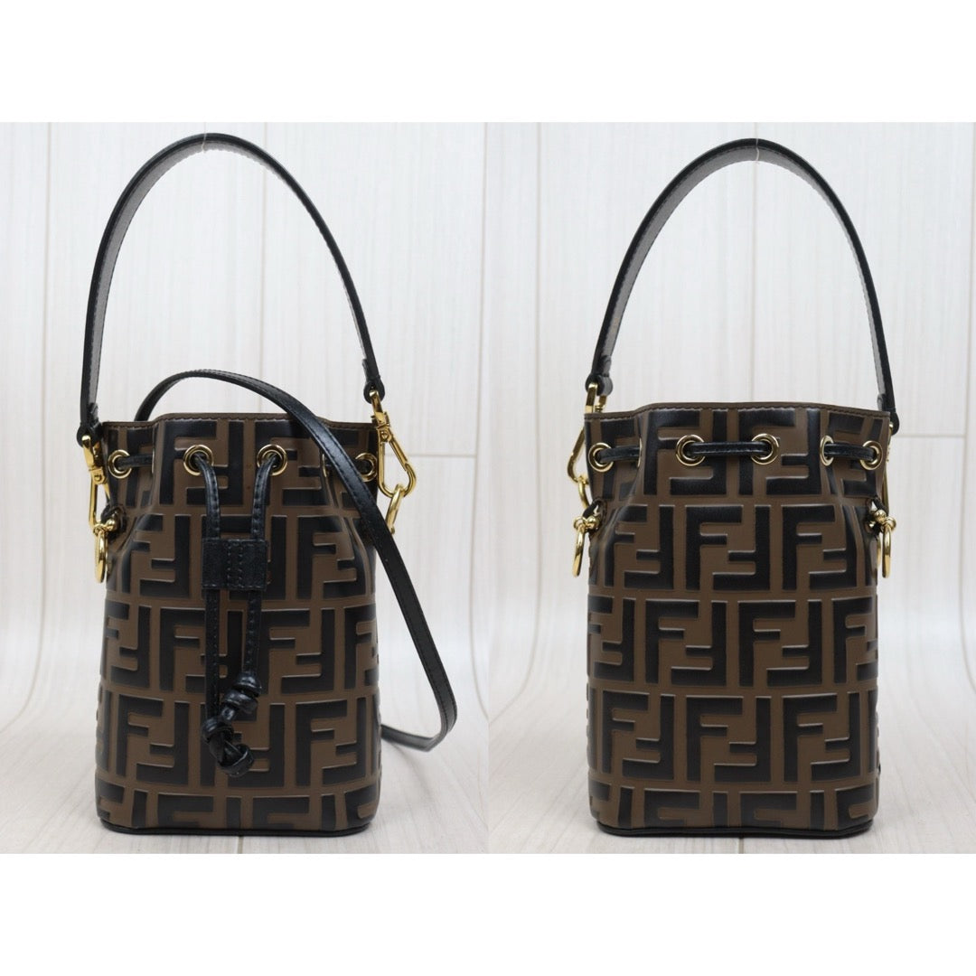 Good ( Rank AB)｜ FENDI Zucca Mini Mon Tresor Calf Leather Bucket bag Shoulder Bag Brown ｜V25102102