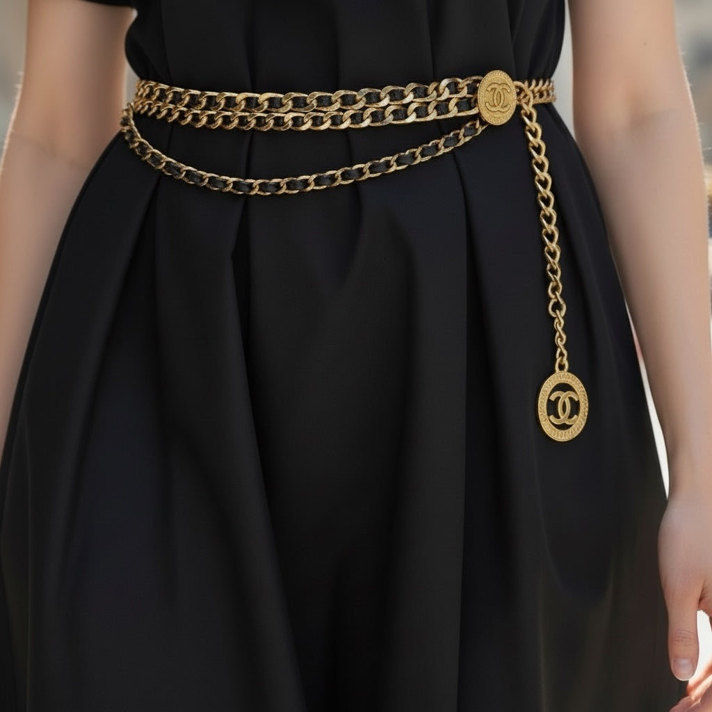 Include Authentic Detective Certificate of Authenticity｜Very Good ( Rank A) ｜  CHANEL Vintage Matrasse  Coco Mark 24K Golden Plated Waist Chain｜S26030901