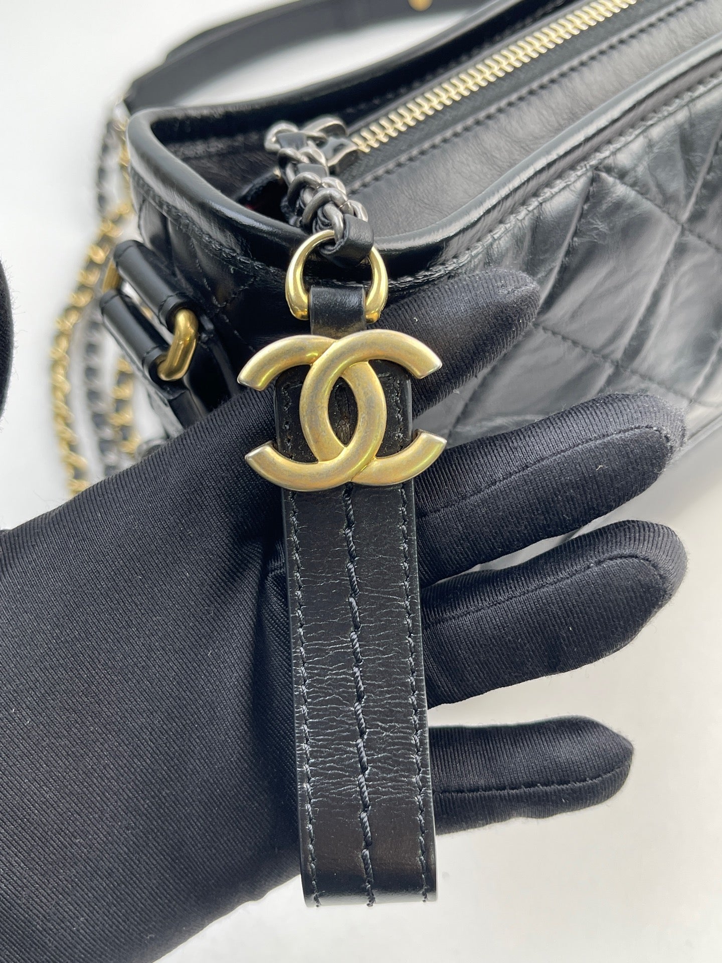 CHANEL PM Gabrielle Calf Leather Handbag Shoulder Bag Black