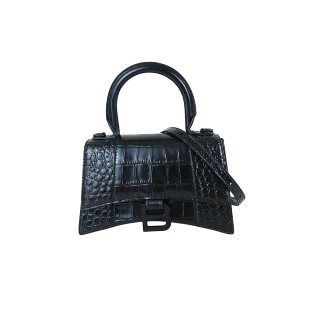 Include Entrupy Certificate of Authenticity｜Very Good ( Rank A)｜Balenciaga Crocodile Embossed Calfskin So Black Hourglass Hand Bag Shoulder Bag XS｜Z26091606