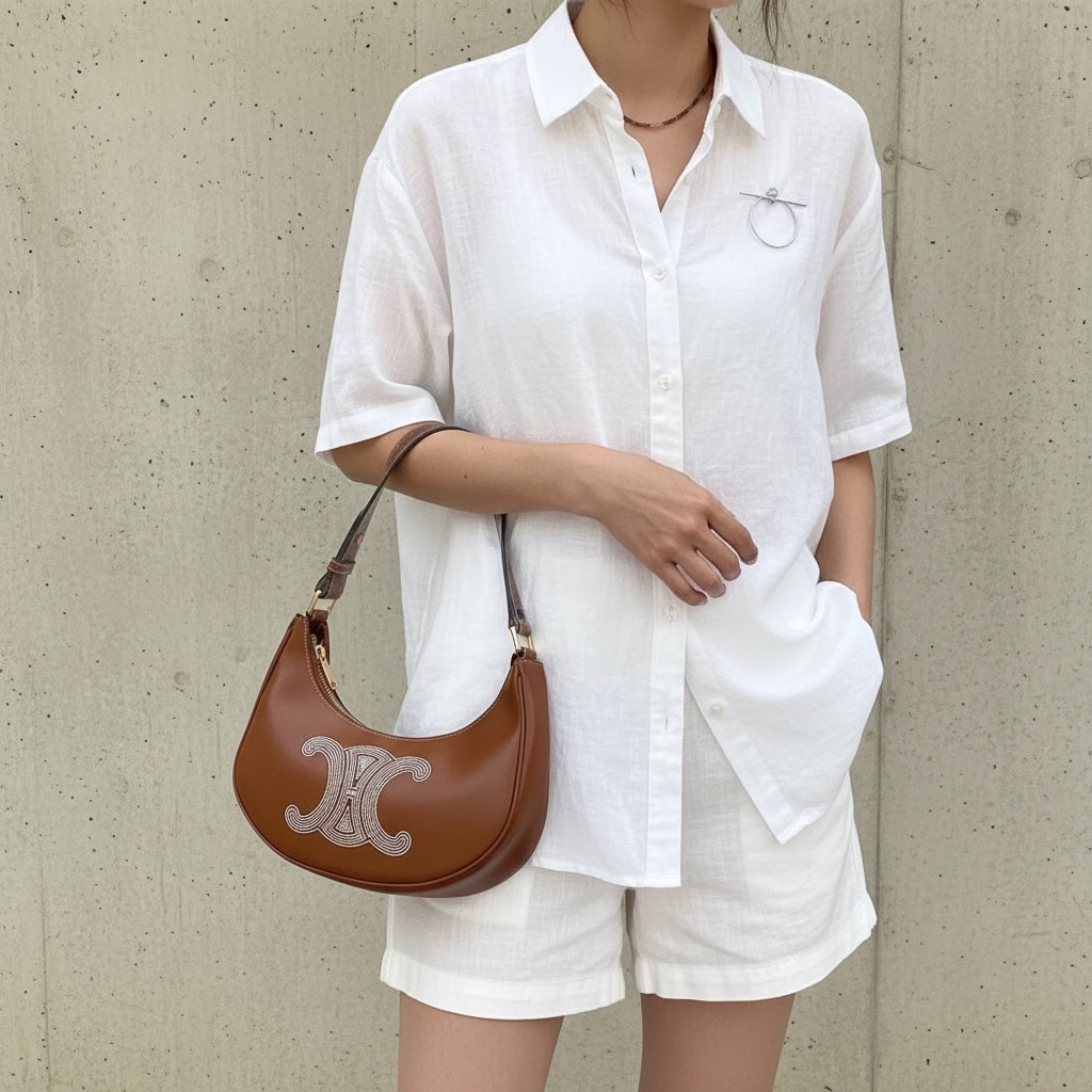 Include Entrupy Certificate of Authenticity｜Very Good ( Rank A)｜ CELINE AVA Macadam Triomphe Calf Leather Shoulder Bag Caramel ｜S26051508