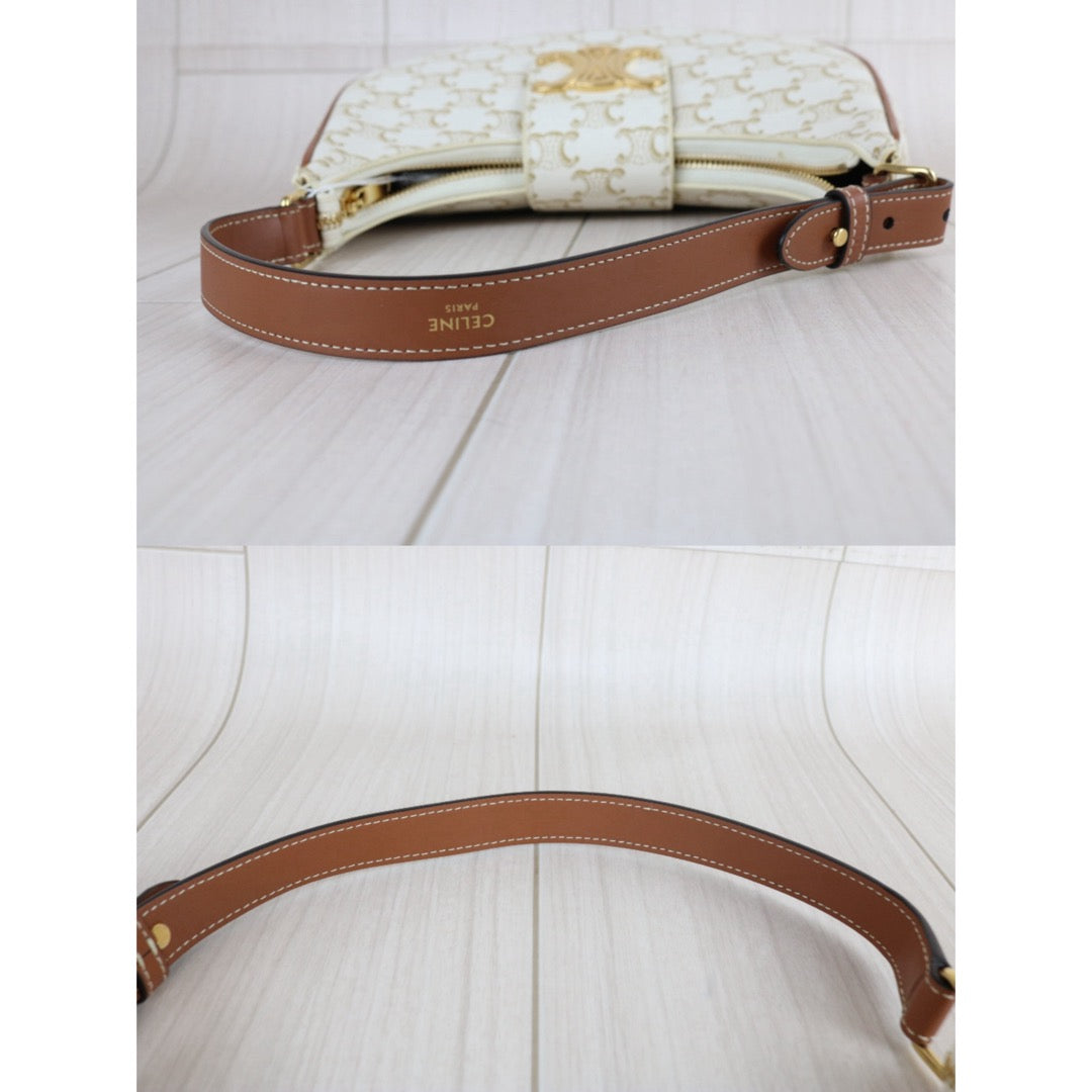 Include Entrupy Certificate of Authenticity｜Very Good ( Rank A)｜ CELINE AVA Macadam Triomphe Calf Leather Shoulder Bag White ｜S26072903