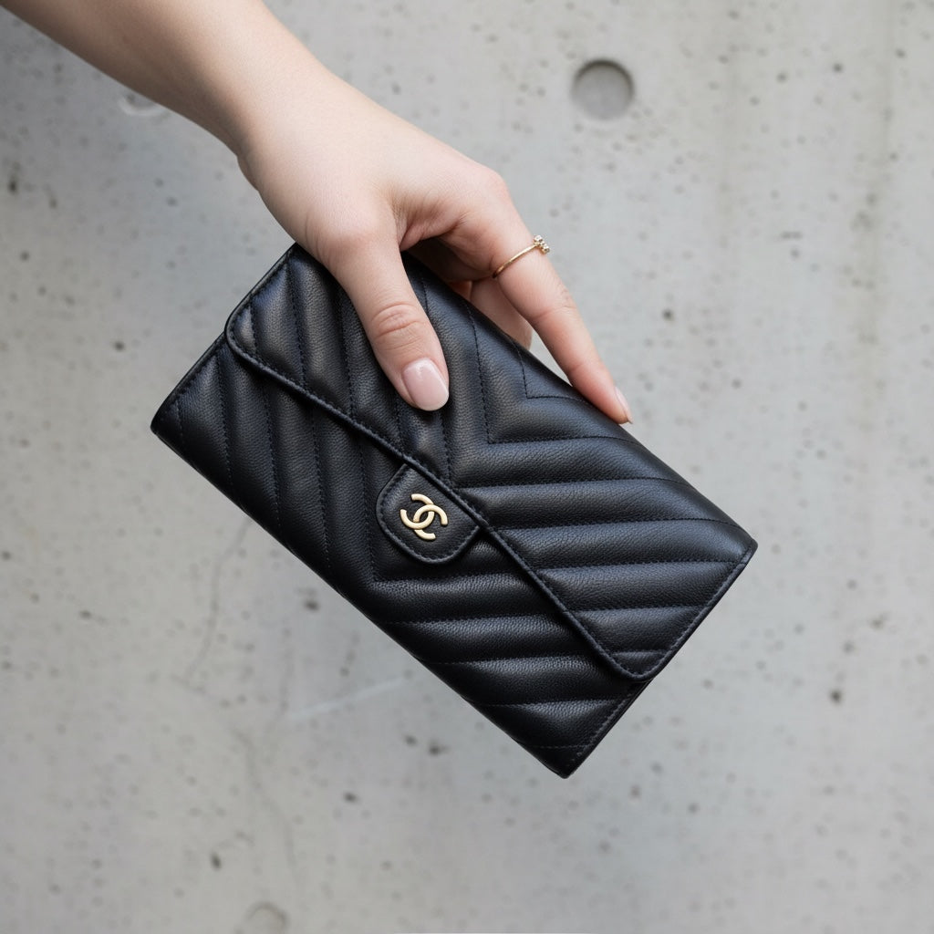 Include Entrupy Certificate of Authenticity｜Very Good ( Rank A)｜CHANEL Calf Skin Black Long Wallet Made In 2016-2017Year｜S26053007