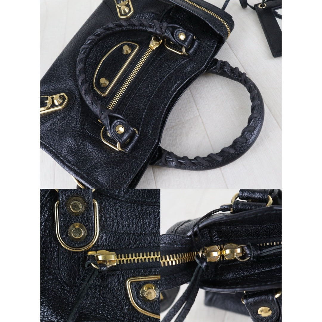 Include Entrupy Certificate of Authenticity｜Very Good ( Rank A)｜Balenciaga Chevre Leather Gaint Classic Metallic Edge City Mini Black HandBag Shoulder Bag ｜Z26091514