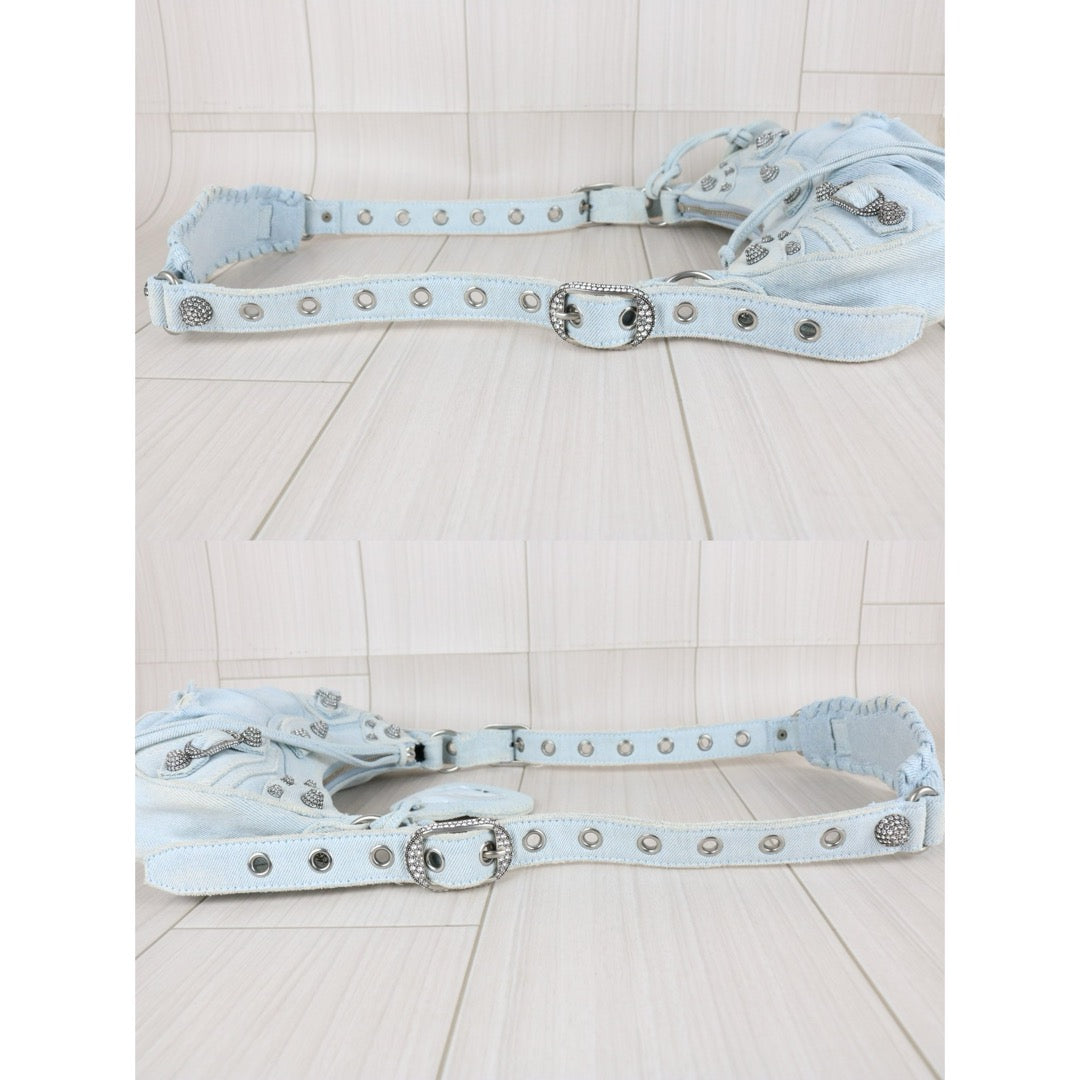 Very Good ( Rank A)｜Balenciaga Denim With Rhinestones Le cargole XS Shoulder Bag Light Blue ｜S25110309