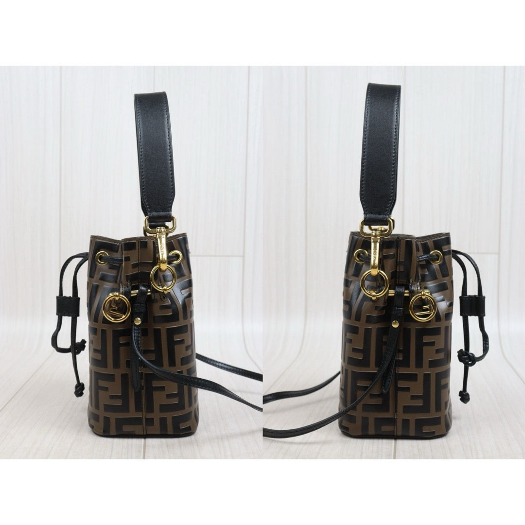 Include Entrupy Certificate of Authenticity｜Good ( Rank AB)｜ FENDI Zucca Mini Mon Tresor Calf Leather Bucket bag Shoulder Bag Brown ｜26051904