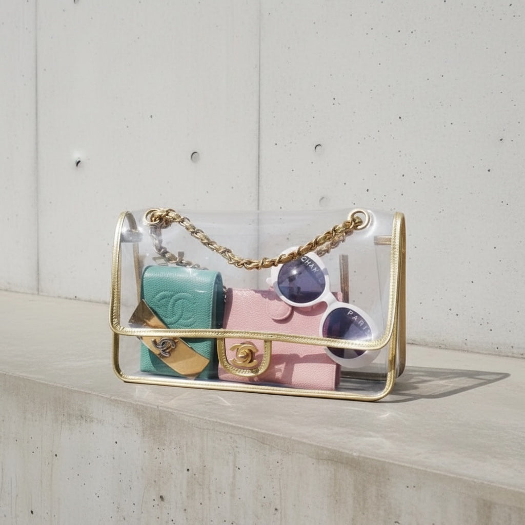 Include Entrupy Certificate of Authenticity｜Good ( Rank AB) ｜ CHANEL Vintage Clear PVC Gold Trim Classic Flap  Chain Bag Made In 2006-2008 Year｜S26083011