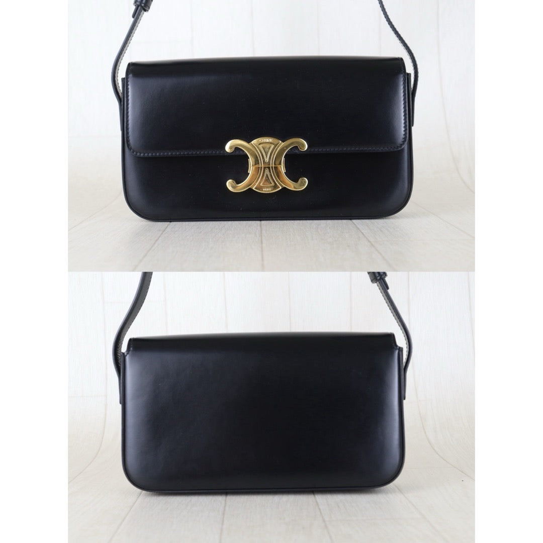 Include Entrupy Certificate of Authenticity｜Good ( Rank A) ｜CELINE Calf Leather Triomphe Black Shoulder Bag Golden Hardware｜S26080113