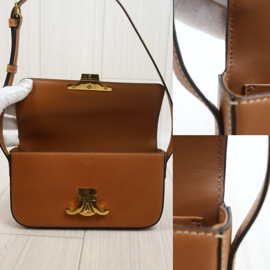 Very Good ( Rank A)｜CELINE Calf Leather Triomphe Brown Shoulder Bag Golden Hardware｜26011309