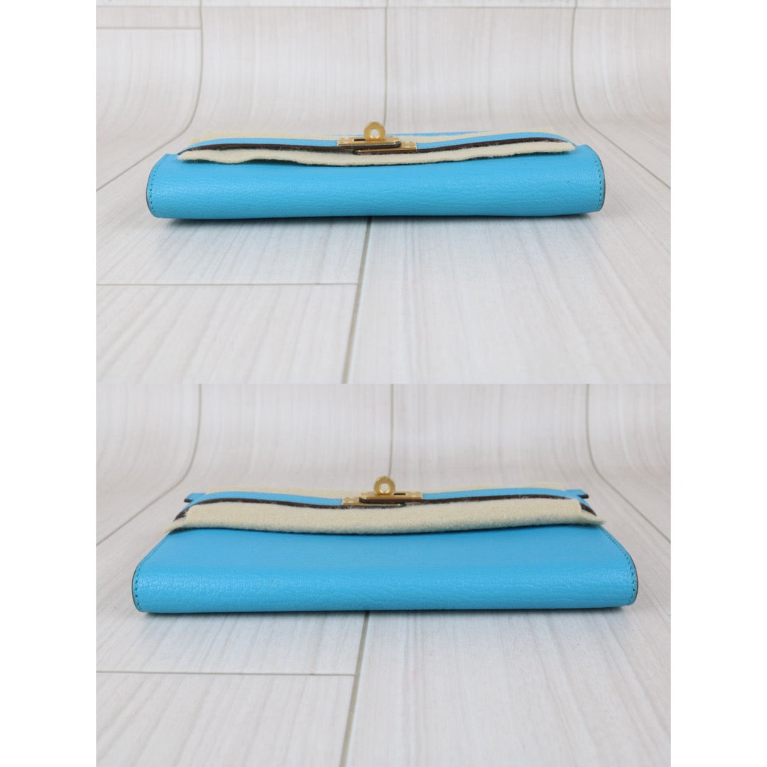 Include Entrupy Certificate of Authenticity｜Very Good ( Rank A)｜ HERMES Goatskin Kelly Long Wallet Blue Paon □R Stamp Made In 2014Year｜X26042002