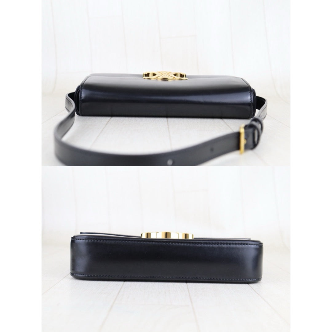 Very Good ( Rank A)｜CELINE Calf Leather Triomphe Black Shoulder Bag Golden Hardware｜S25103010