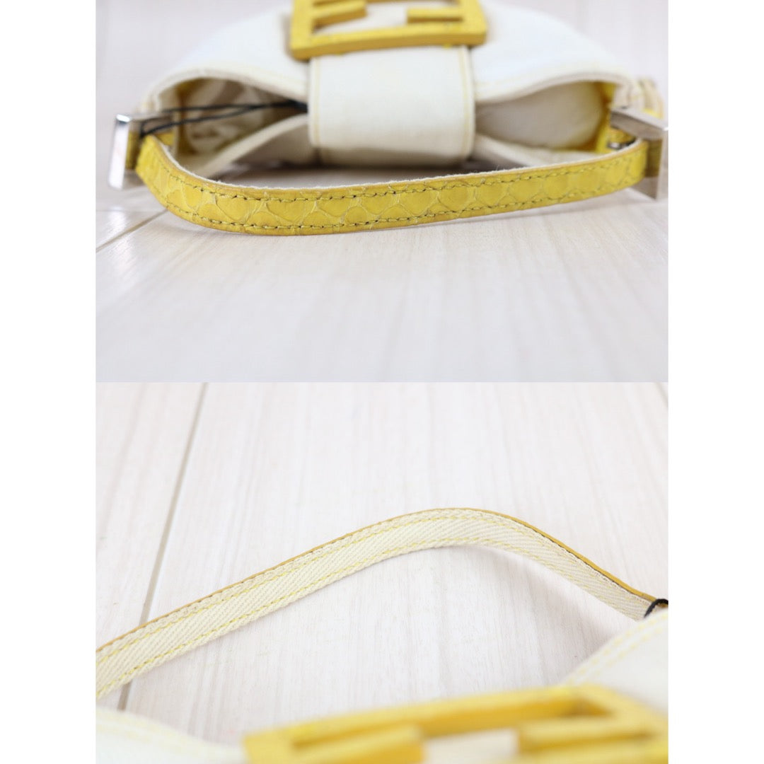 Include Entrupy Certificate of Authenticity｜Good ( Rank AB)｜ FENDI White Denim and Yellow Python Mini Croissant Shoulder Bag ｜X26090802