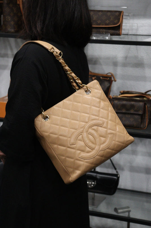 Good ( Rank AB) ｜ CHANEL Matrasse PST Chain Tote Bag Caviar Skin Beige ｜23120510