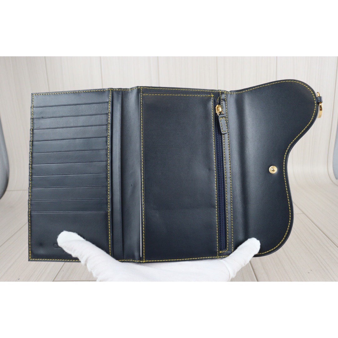 Rank A ｜ Dior Trotter Saddle Tri-fold Long Wallet Jacquard Leather Navy｜23080913