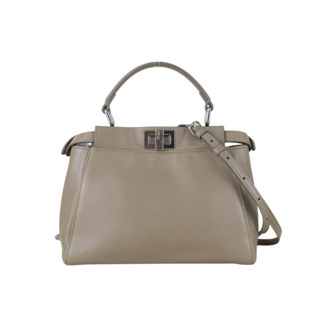 Include Entrupy Certificate of Authenticity｜Good ( Rank AB) ｜ FENDI Calf Leather Peekapoo iconic mini Handbag With Shoulder Bag Beige｜S26051513