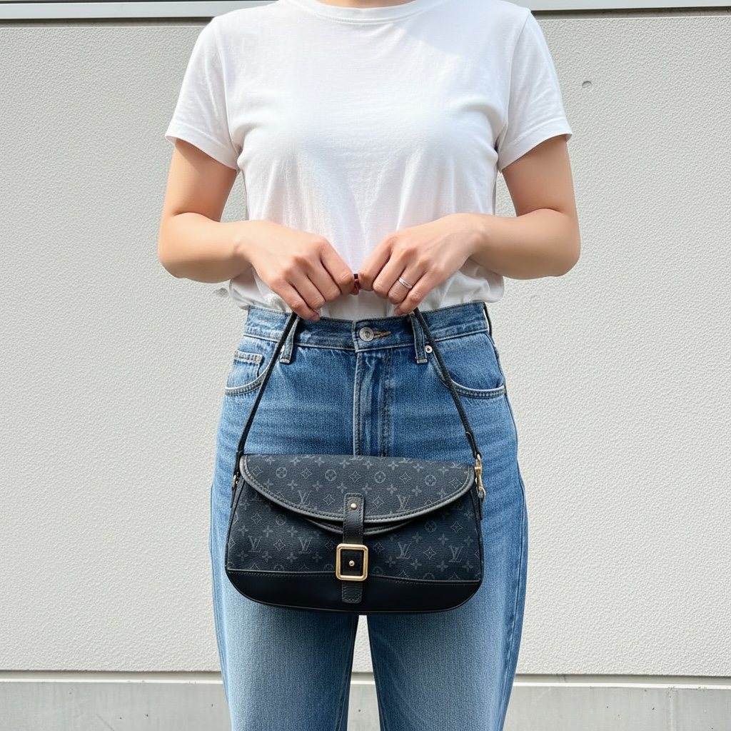 Include Entrupy Certificate of Authenticity｜Good ( Rank AB) ｜  Louis Vuitton Monogram Denim  Double Flap Shoulder Bag Black ｜26041301