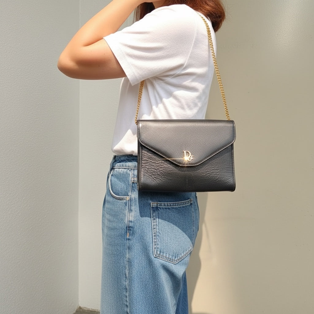 Include Entrupy Certificate of Authenticity｜Good ( Rank AB)｜ Dior  Vintage Chain Shoulder Bag Navy Blue｜26041606