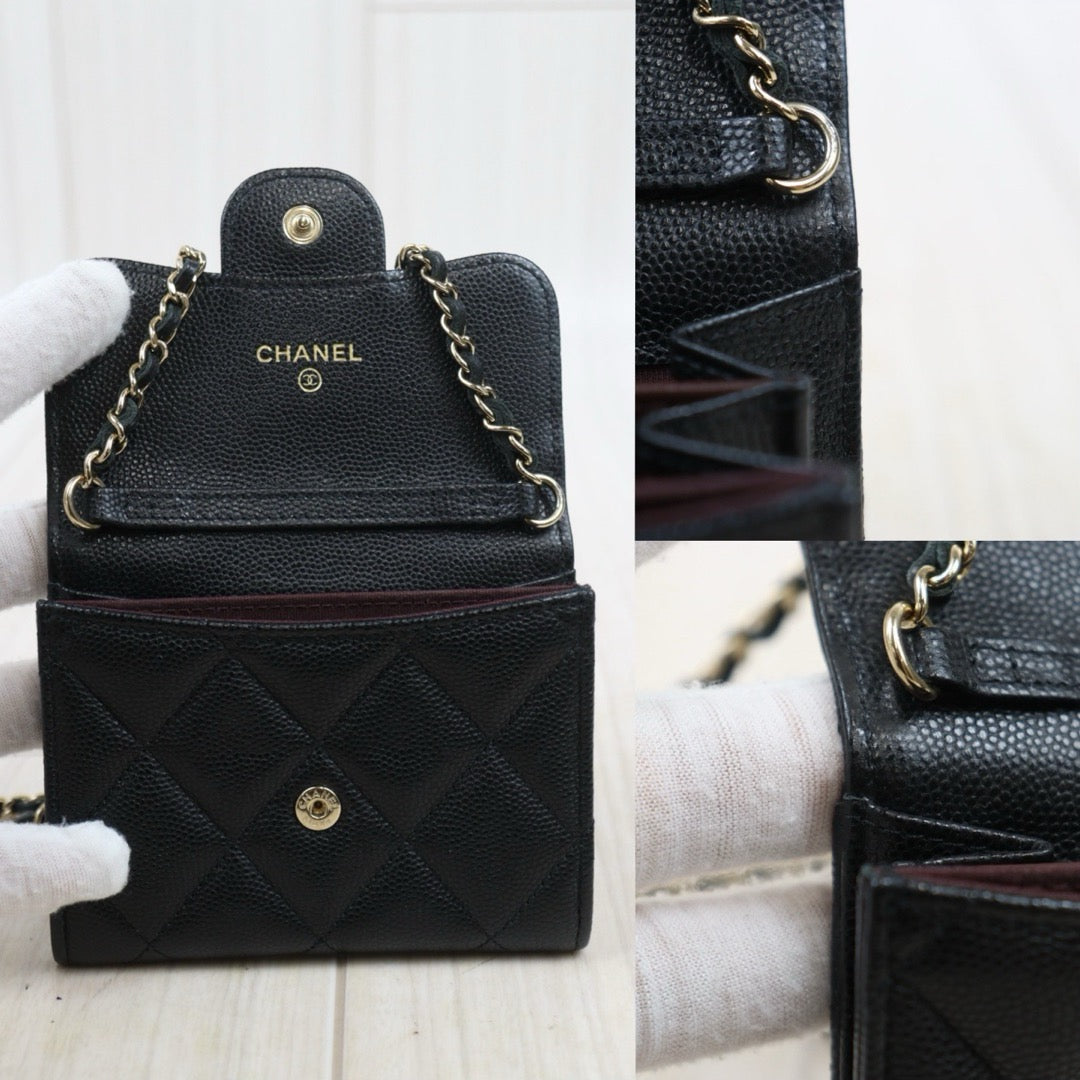 Very Good ( Rank A)｜ CHANEL Matelasse Chain Caviar Skin Coco Mark Card Holder Black Made In 2021-2022Year ｜S25081419