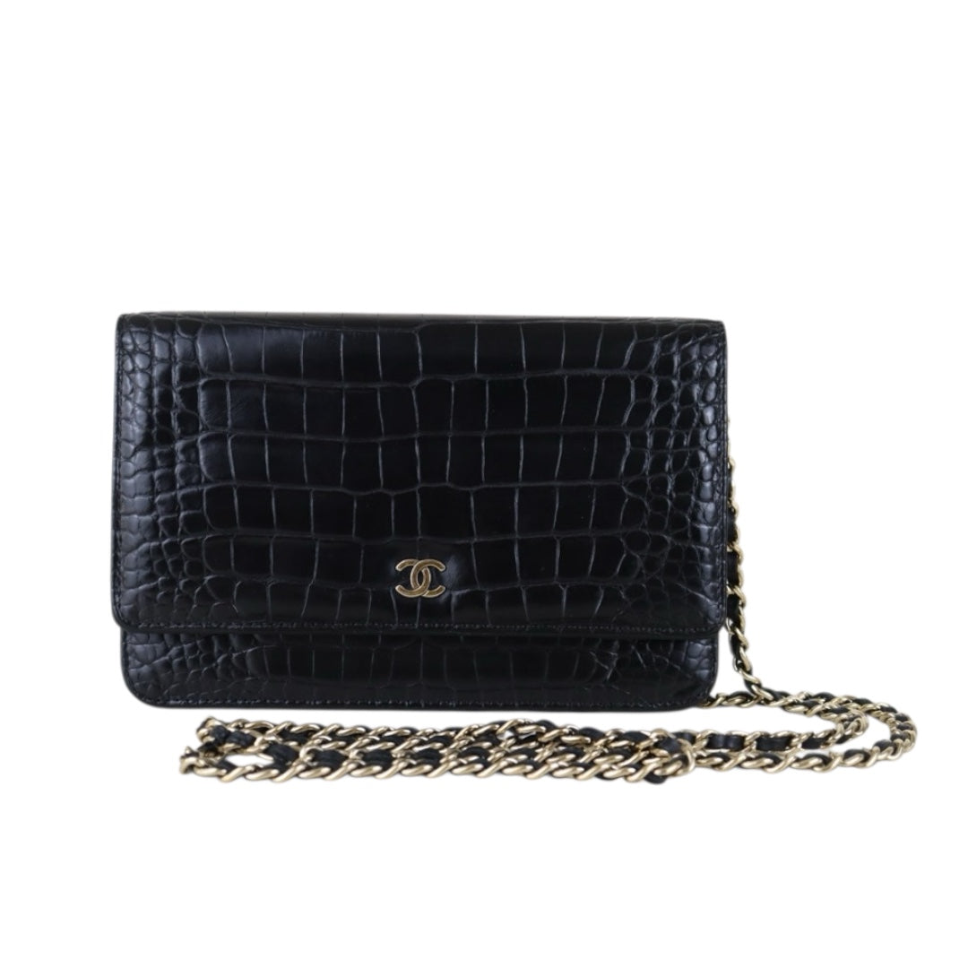 Include Entrupy Certificate of Authenticity｜Very Good ( Rank A)｜CHANEL Crocodile Skin WOC Chain Bag Black Made In 2014Year｜S26030816