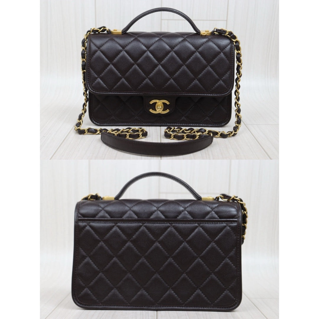 Very Good ( Rank A)｜ CHANEL Matrasse  Calf Leather 22K  Flap With Top Handle Shoulder Bag Chocolate IC Chips Model ｜A26030617