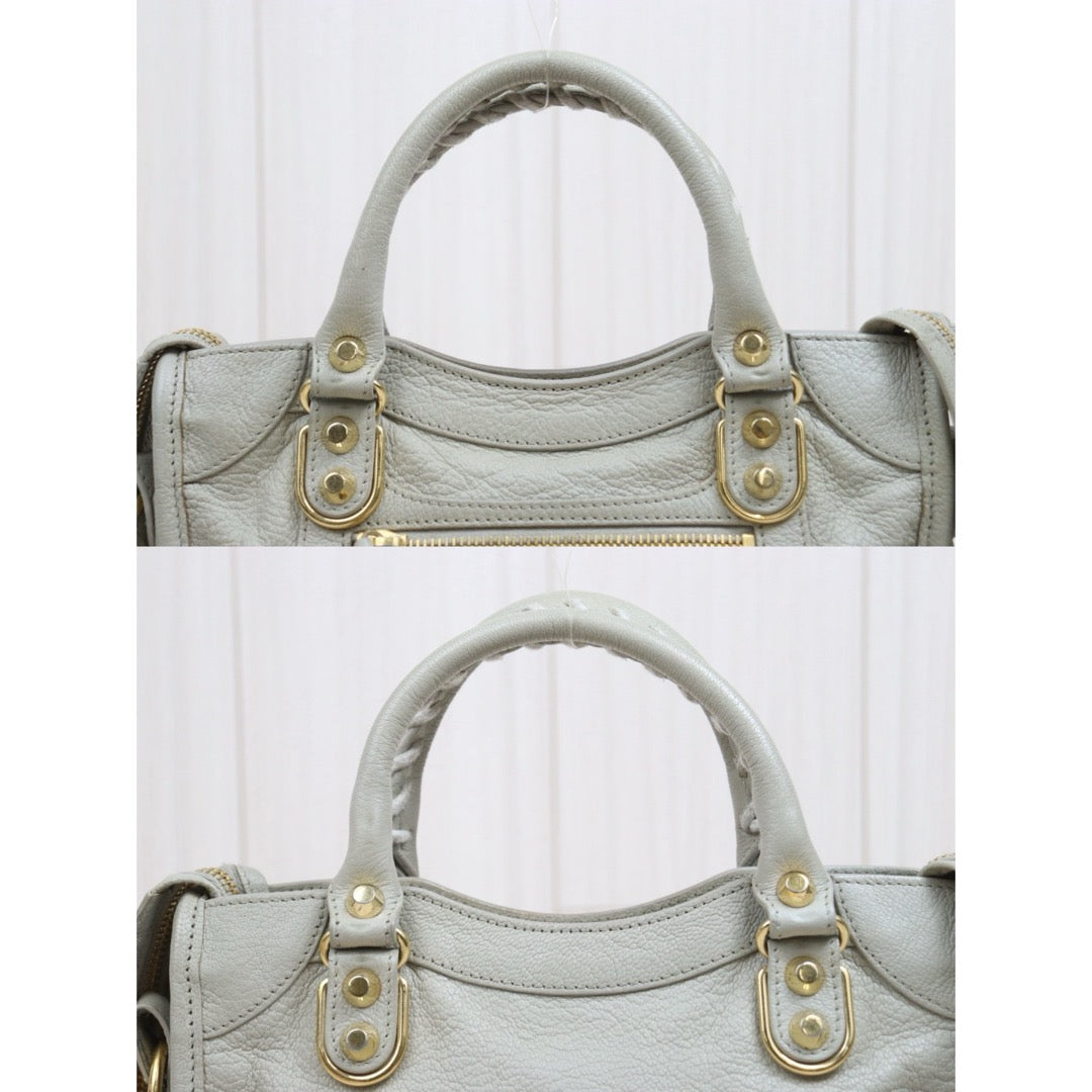 Include Entrupy Certificate of Authenticity｜Good ( Rank AB)｜Balenciaga Goatskin Edge Gaint Classic Mini City Handbag Shoulder Bag Light Gray｜S26060103