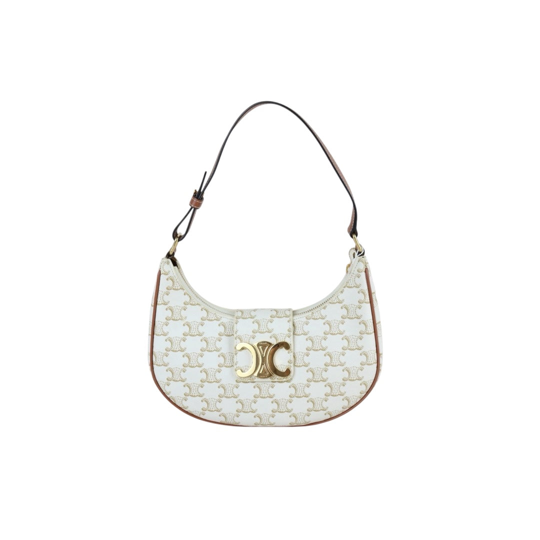 Include Entrupy Certificate of Authenticity｜Very Good ( Rank A)｜ CELINE AVA Macadam Triomphe Calf Leather Shoulder Bag White ｜S26072903